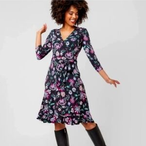 Leota Floral Midi Dress With Ruffled Hem - Black and Purple
